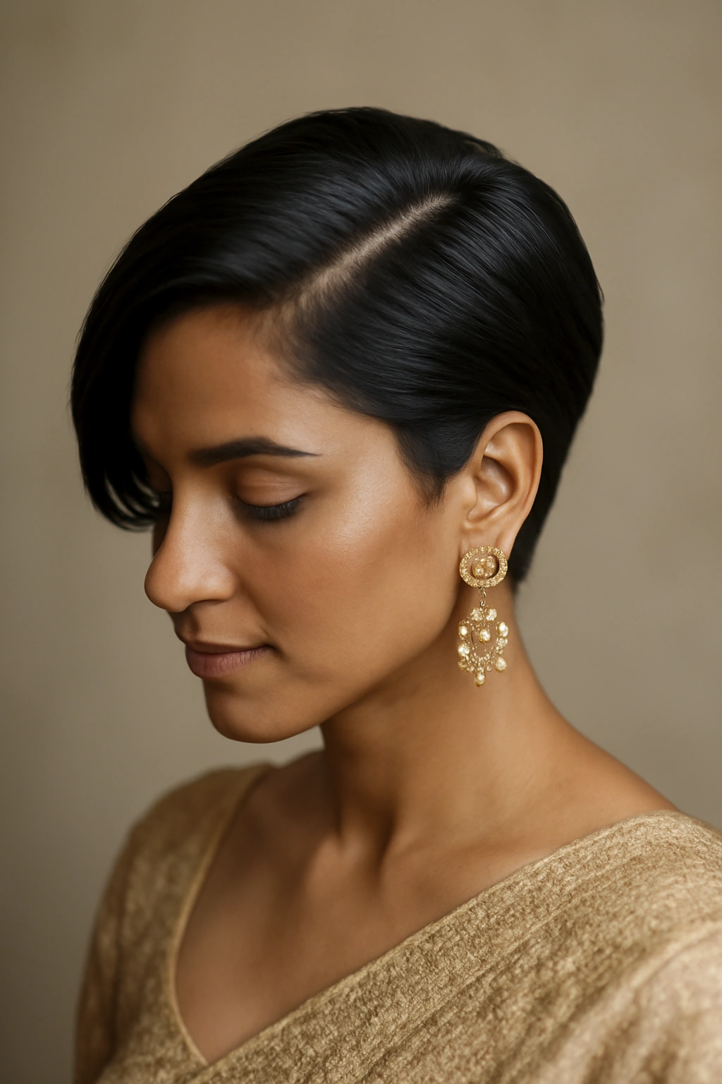 Close-up of side-swept short hair with hidden pins
