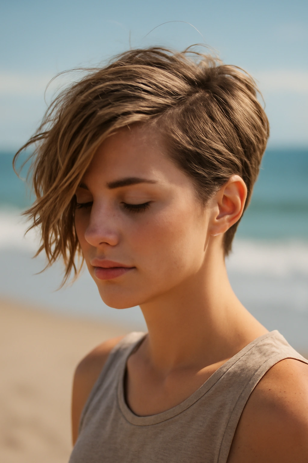 Close-up of side-swept asymmetrical short hairstyle on beach backdrop