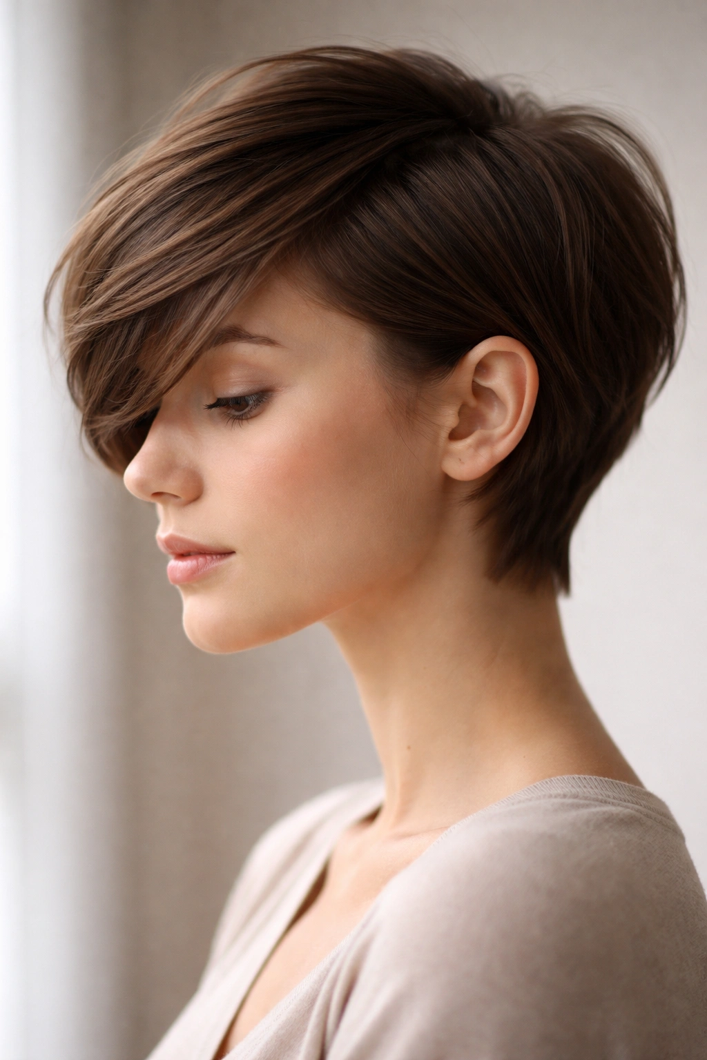 Profile view of side-swept baby cut with one side swept across face