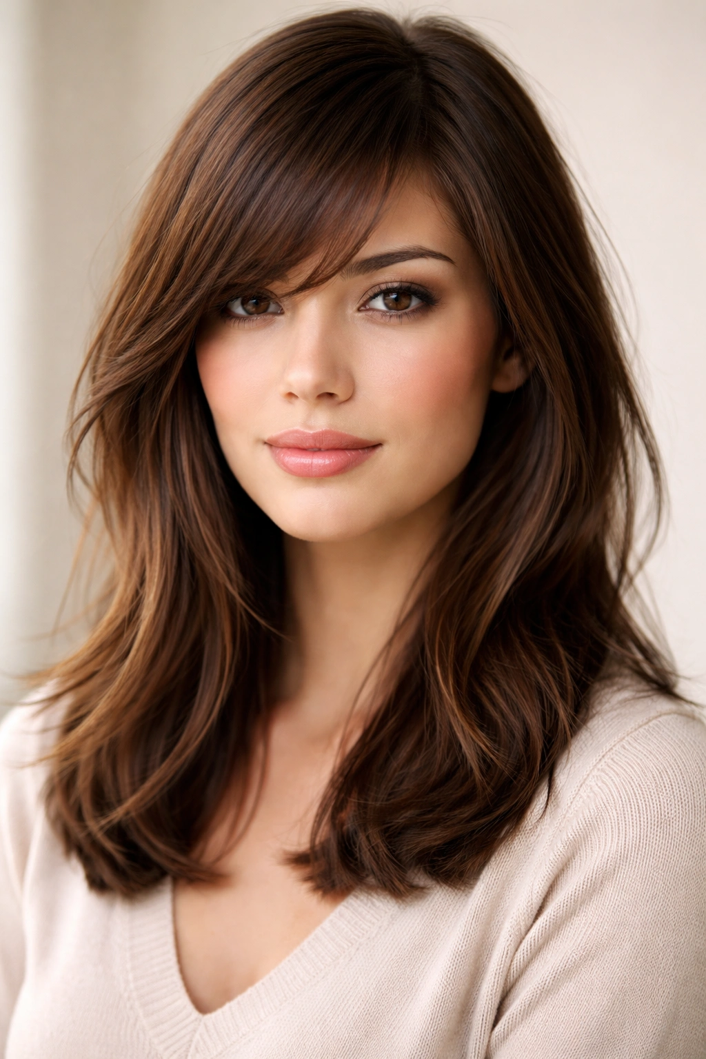 Portrait of side-swept bangs with diagonal fringe and medium-length hair