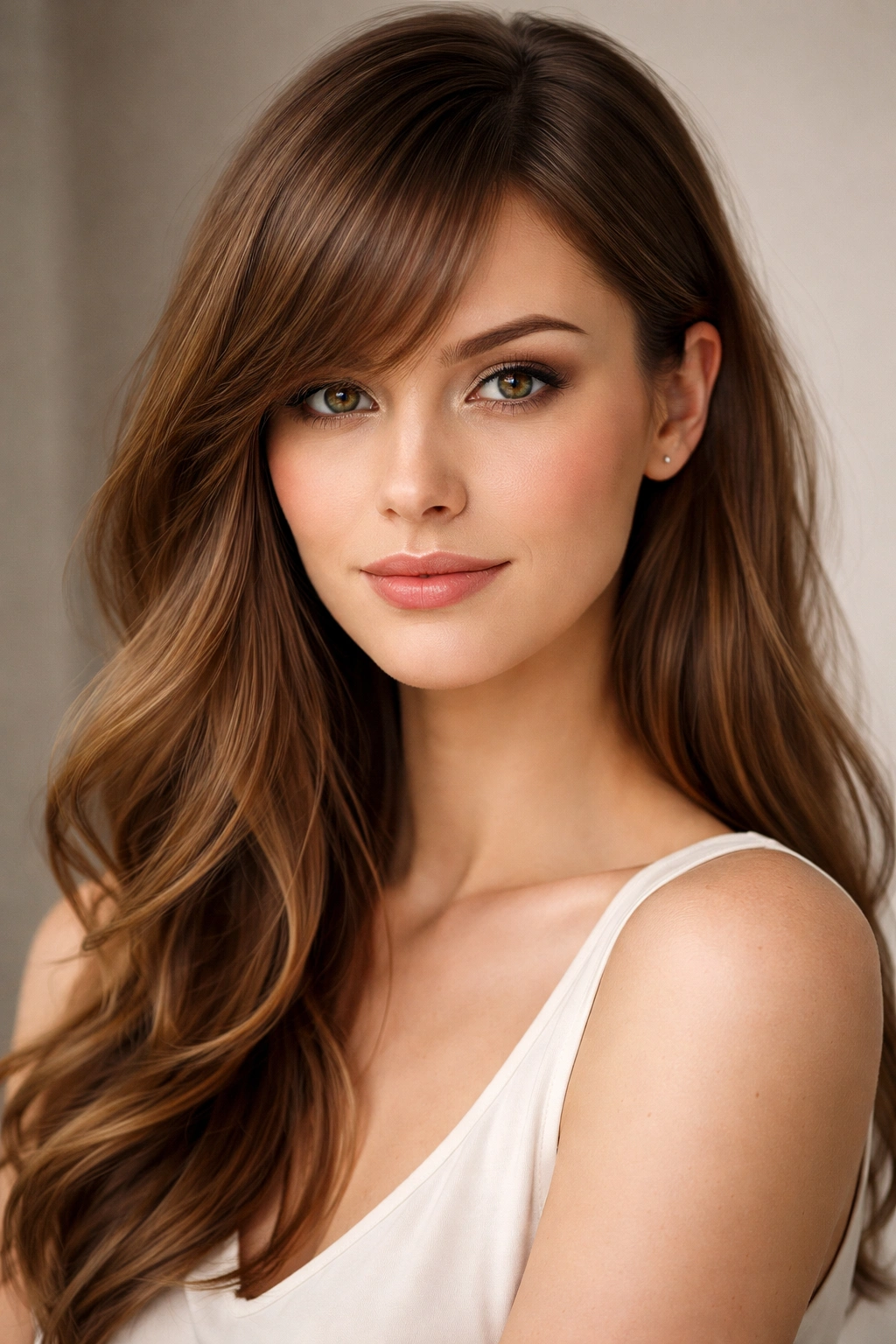 Portrait of a diamond-shaped face with side-swept bangs