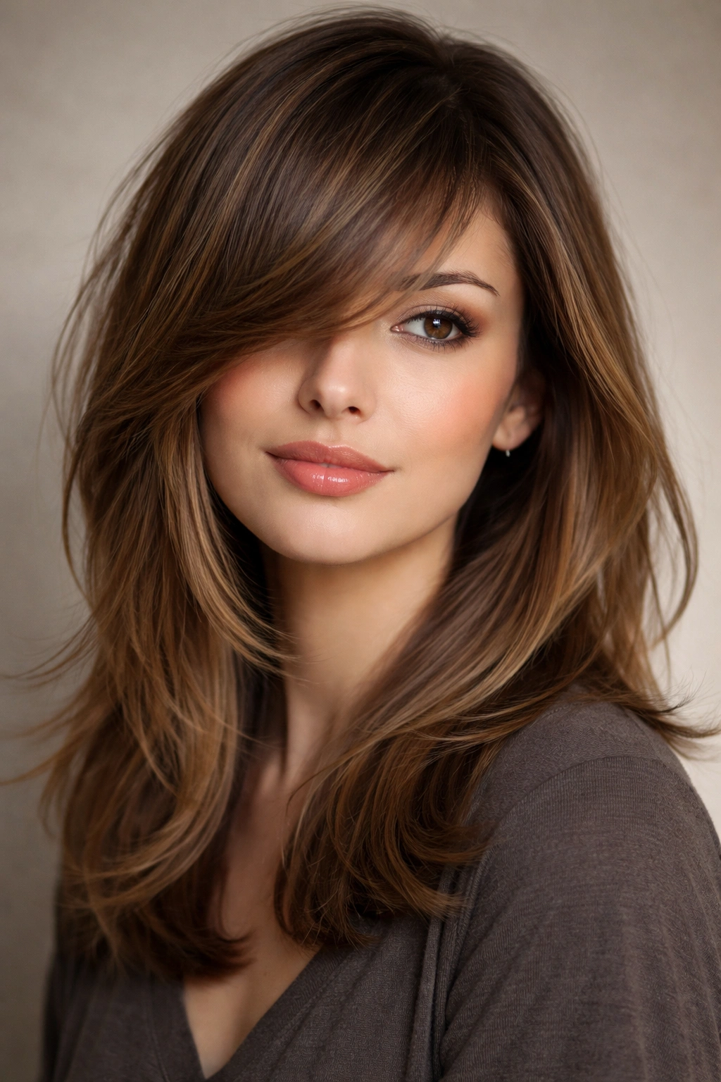 Portrait with side swept bangs creating a diagonal face frame
