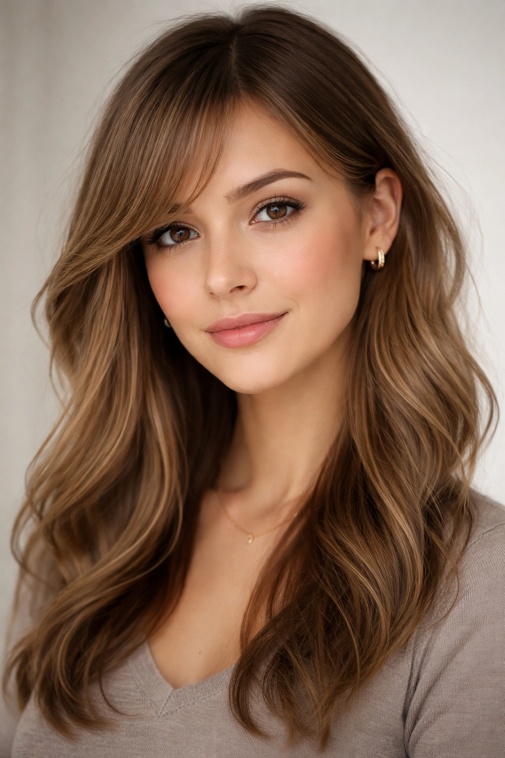 Portrait of a heart-shaped face with long, light side-swept bangs