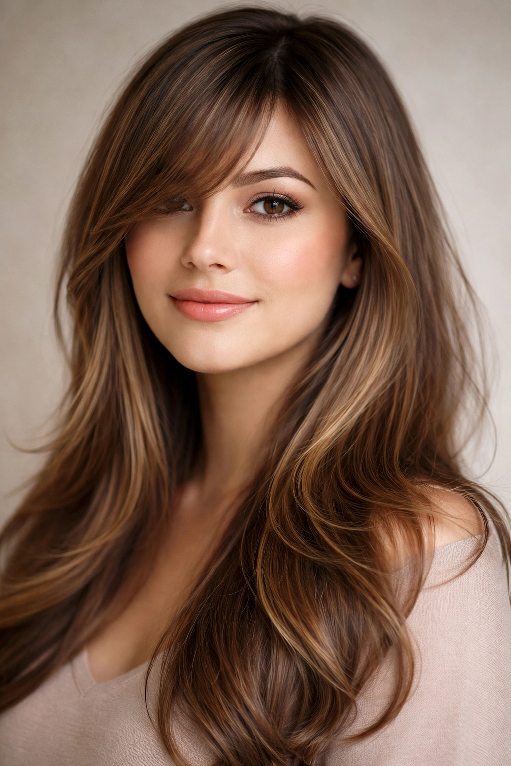 Side-swept bangs creating diagonal line on round face