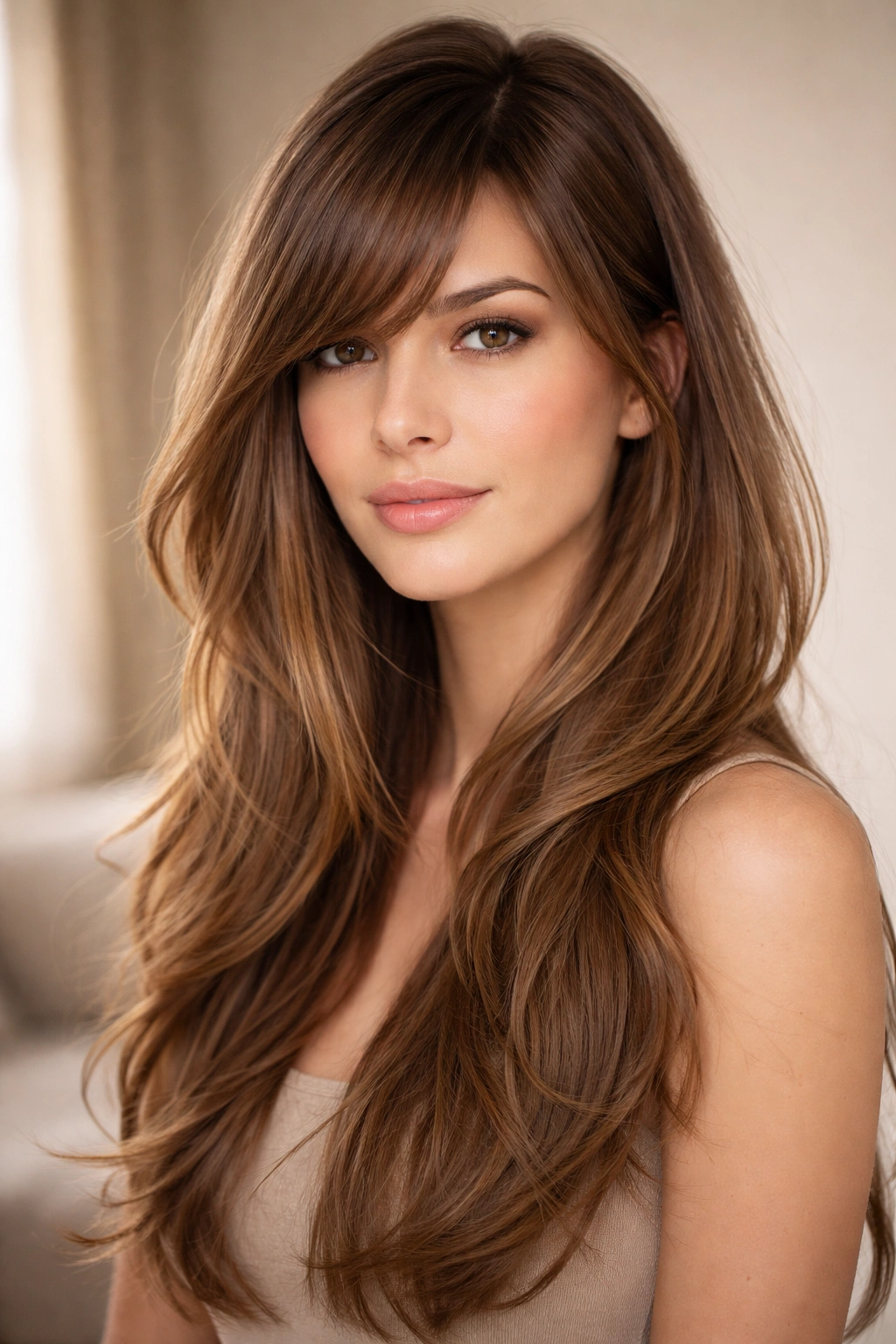 Side-swept bangs with long layers portrait highlighting diagonal bangs and textured layers for width