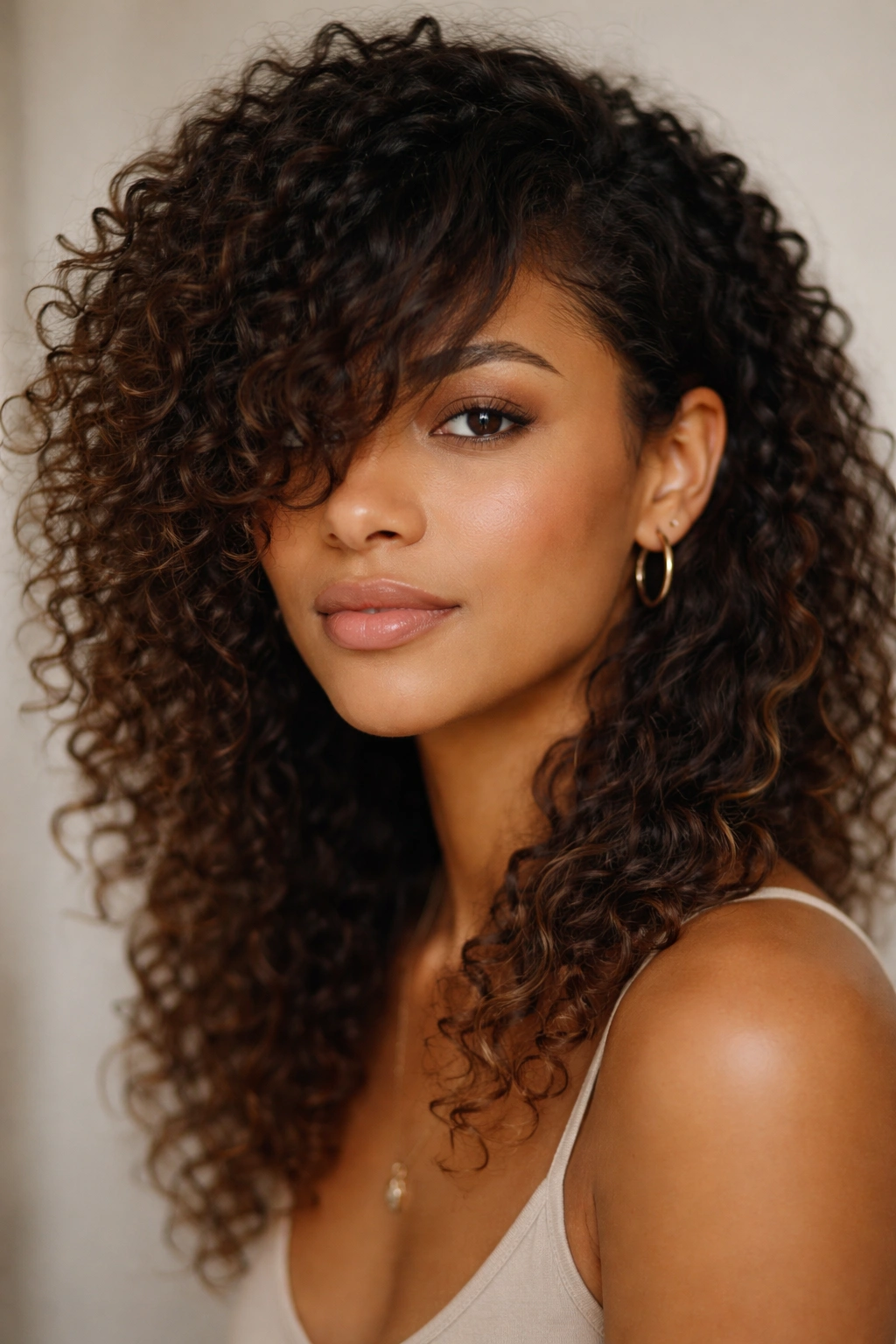 Side-swept bangs across mixed-texture curls with natural asymmetry