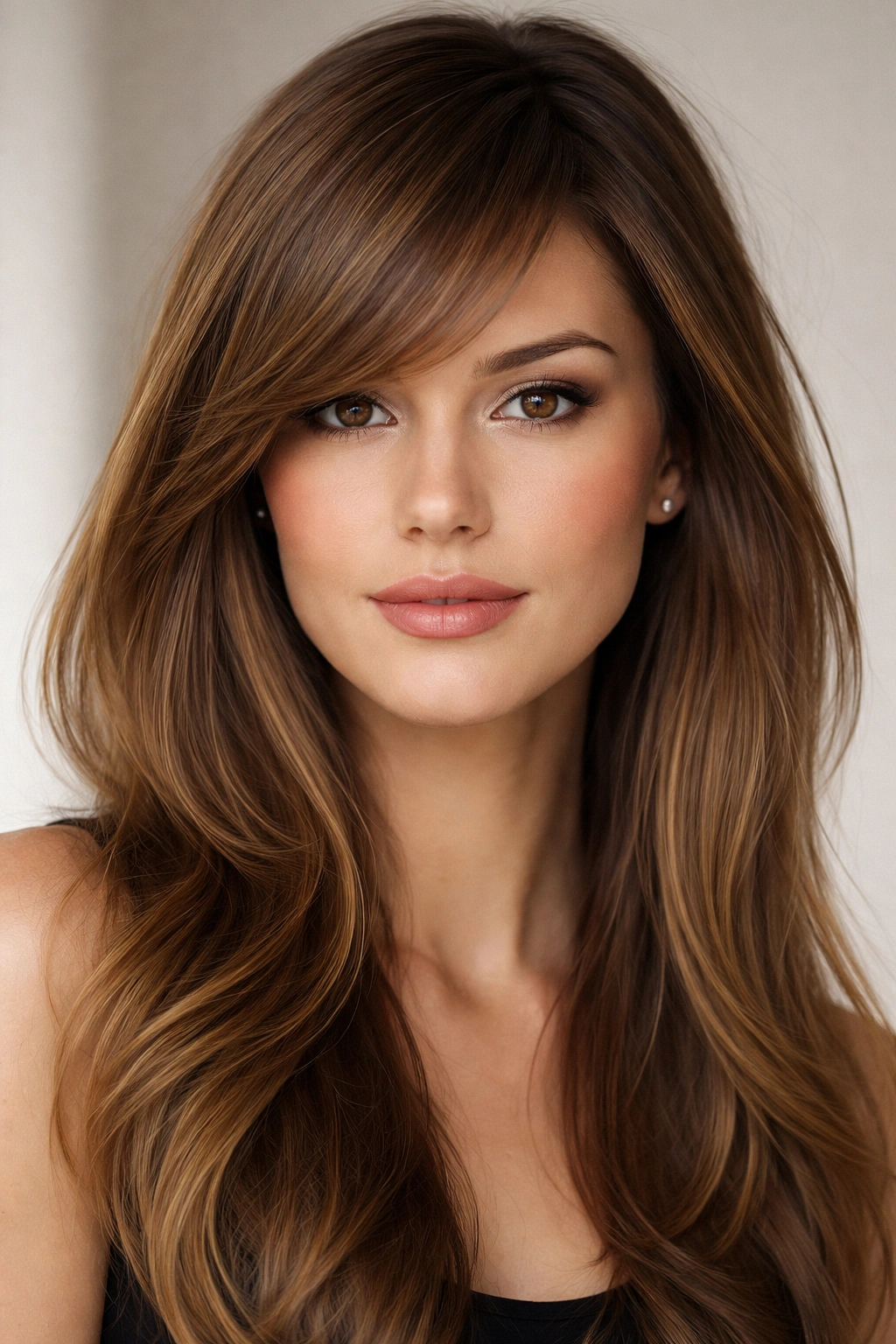 Portrait of an oblong face with dense side-swept bangs