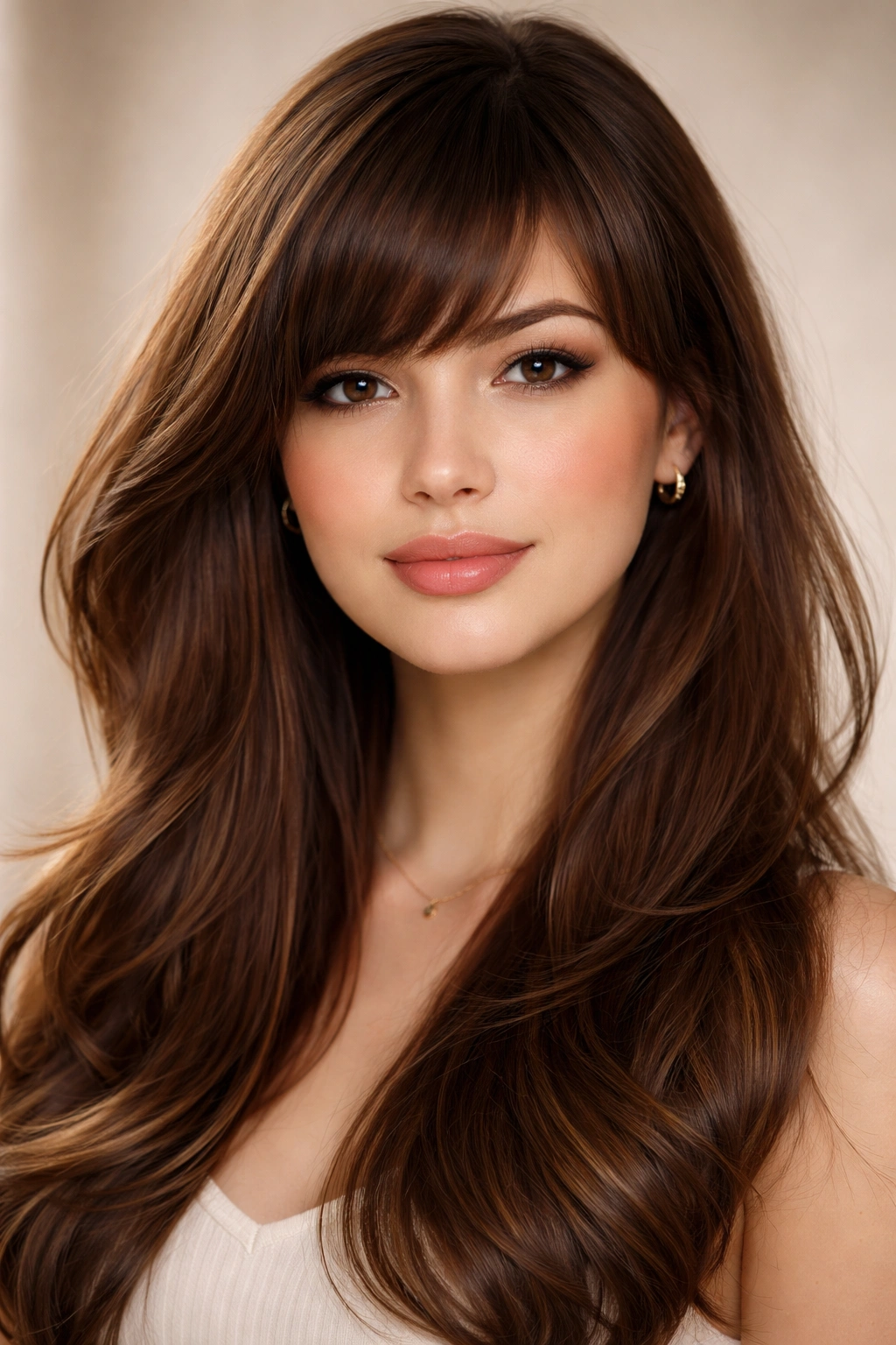 Close-up of a model with dense side-swept bangs balancing a pear-shaped face