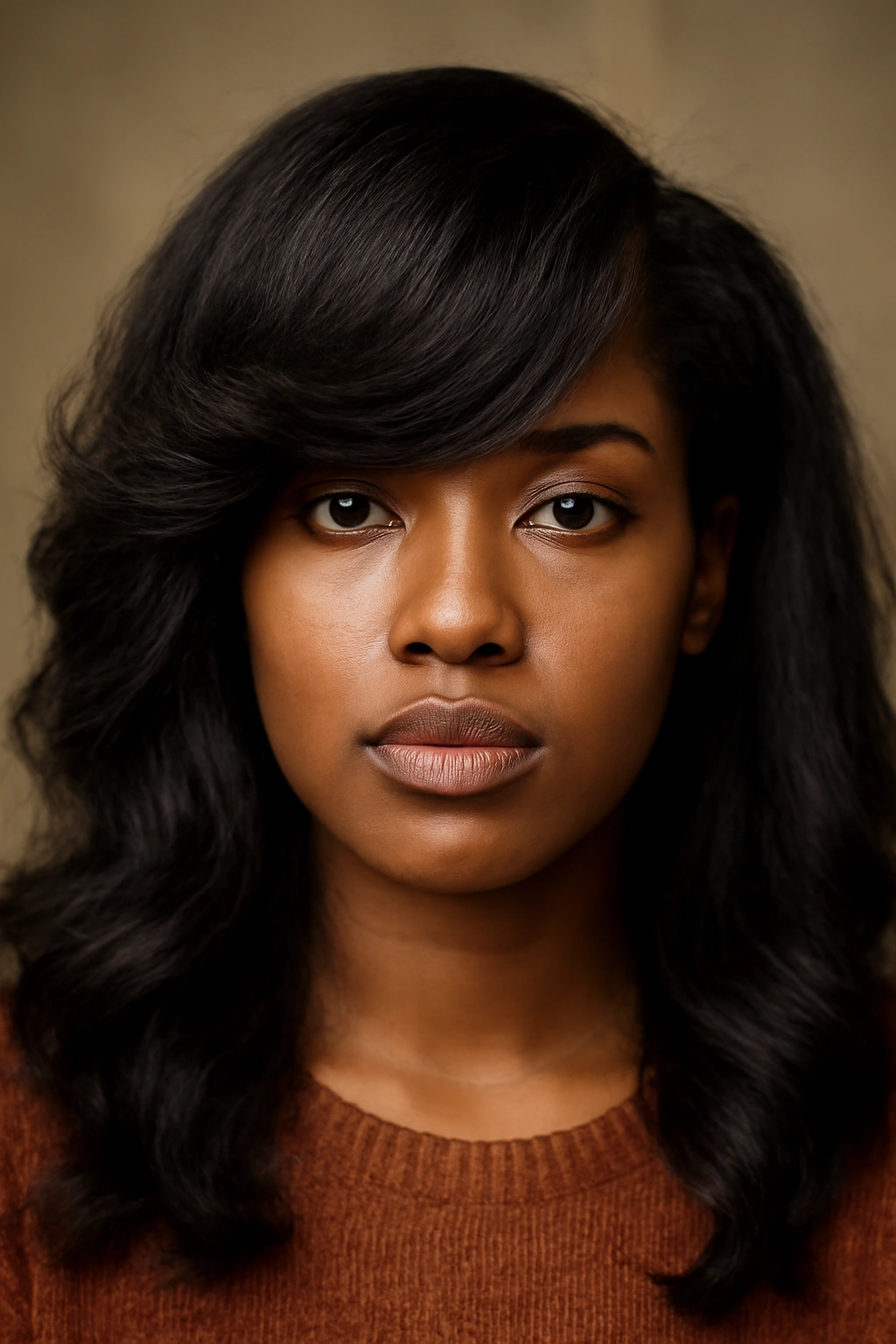 Close-up of a Black woman with side-swept bangs