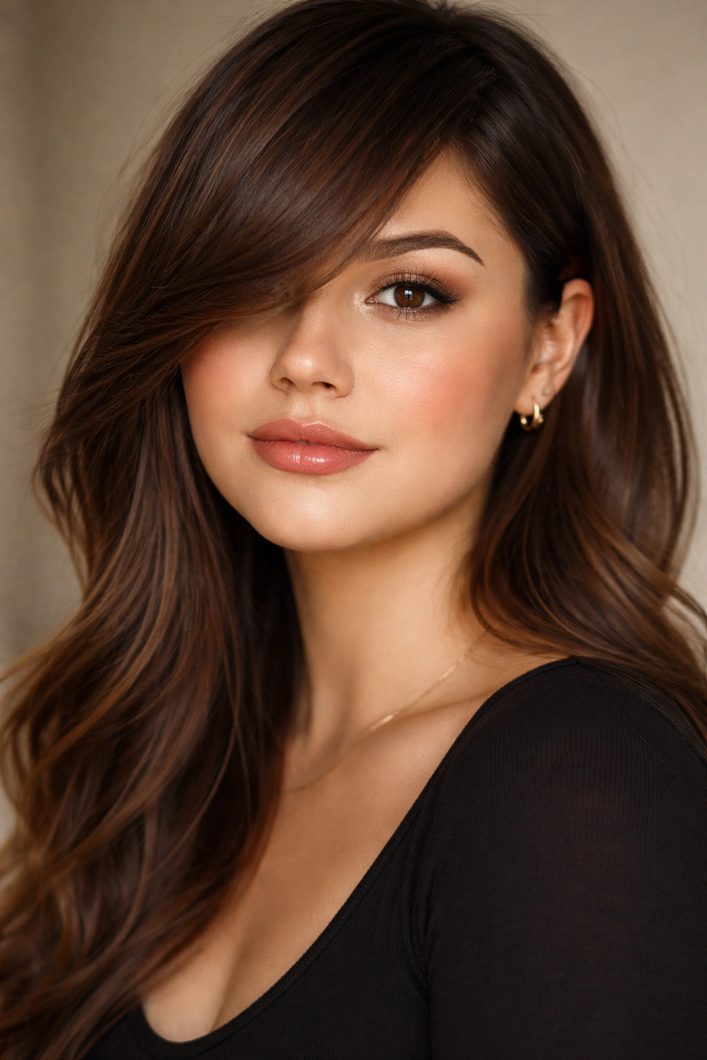 Portrait of a person with a round face and long side-swept bangs
