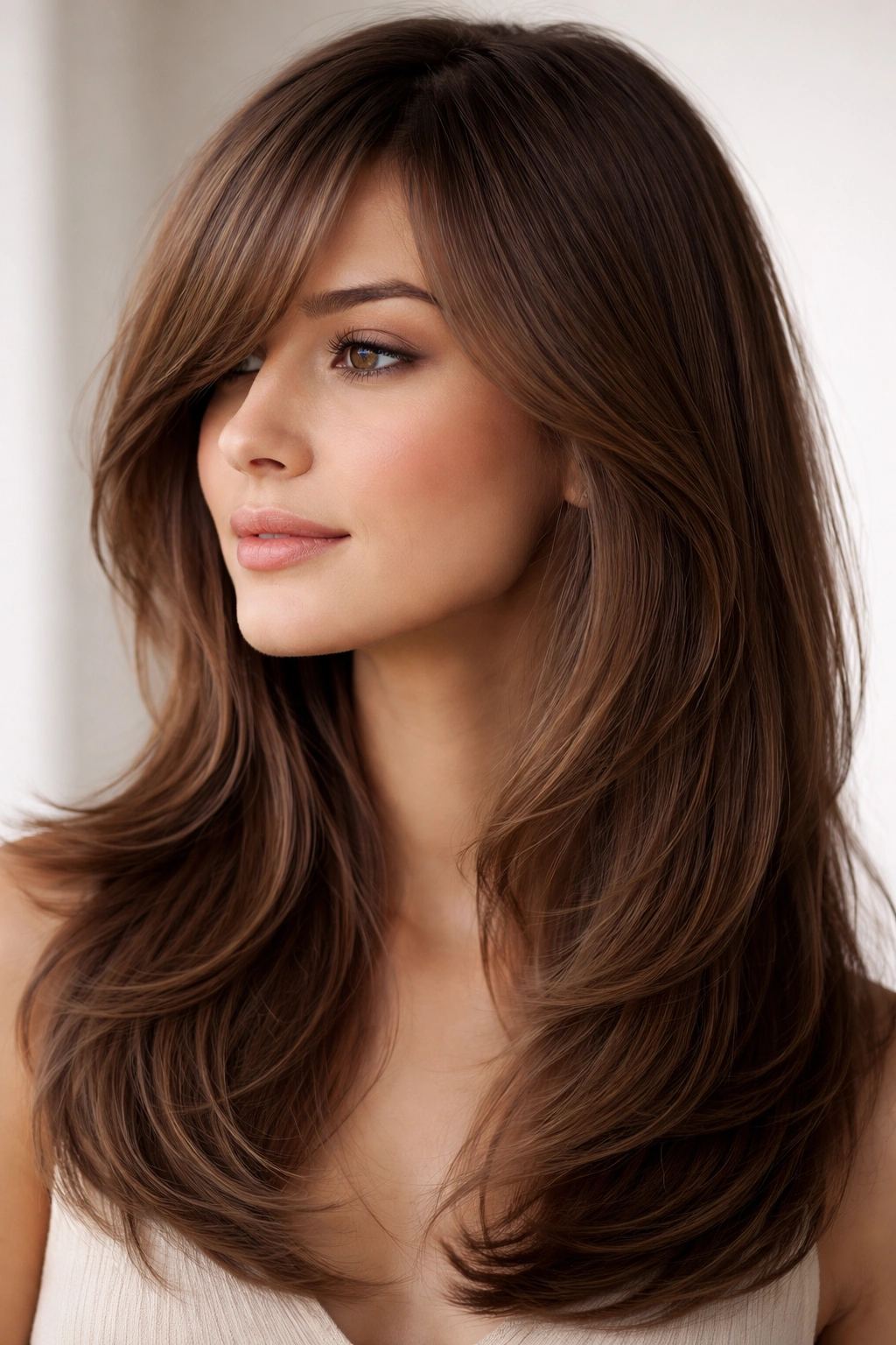 Profile shot of medium-length hair with long, side-swept bangs blending into subtle layers