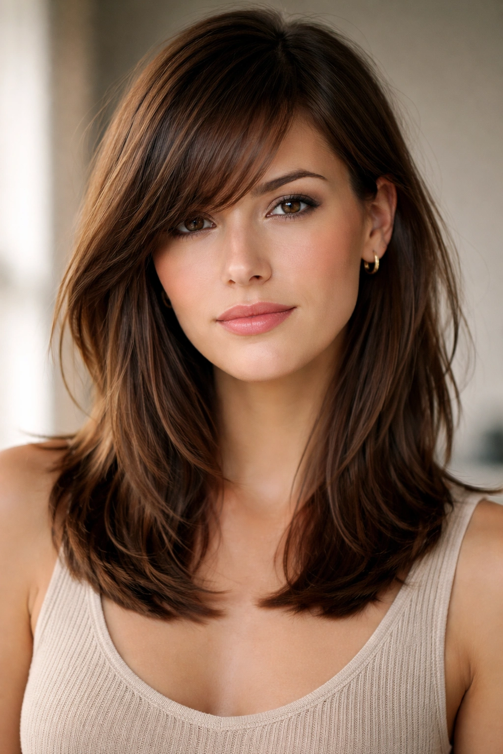 Shoulder-length hair with diagonal side-swept bangs framing cheekbone