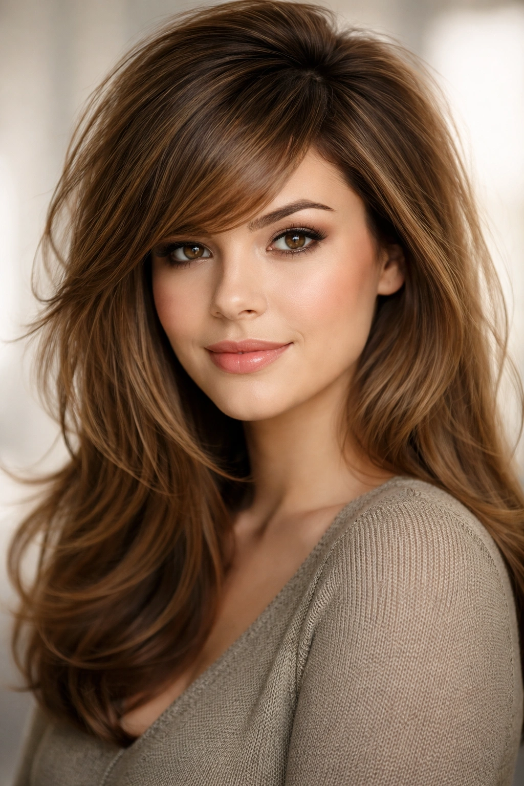 Hair with side-swept bangs and crown volume