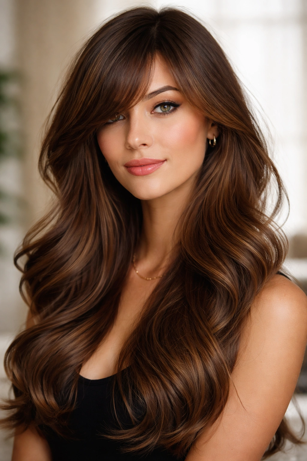 Profile of side-swept bangs with voluminous waves framing the face