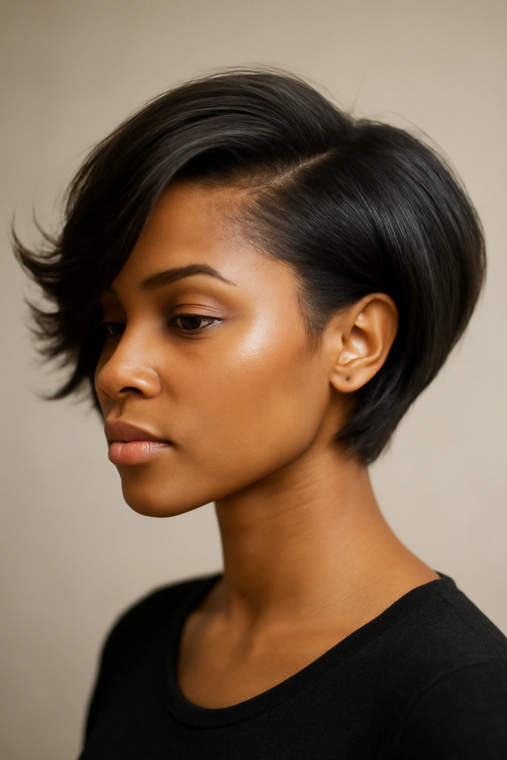 Side-swept flip bob showing dramatic sideways flip and asymmetrical cut