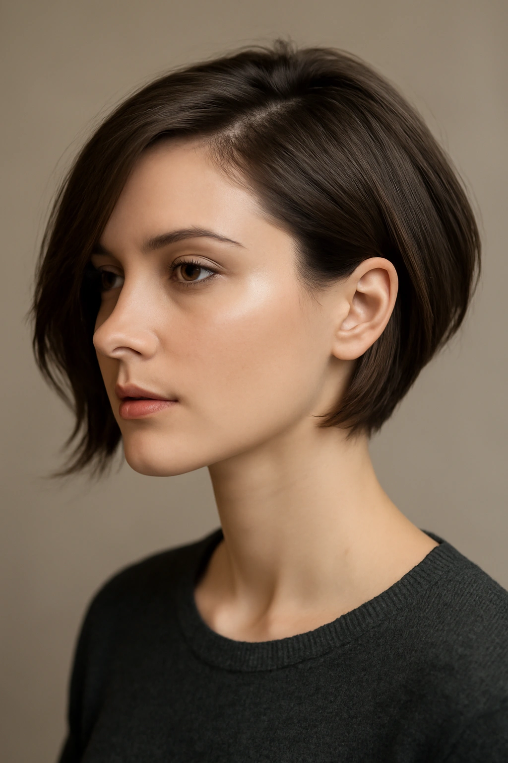 Close-up of side-swept bob showing asymmetrical silhouette