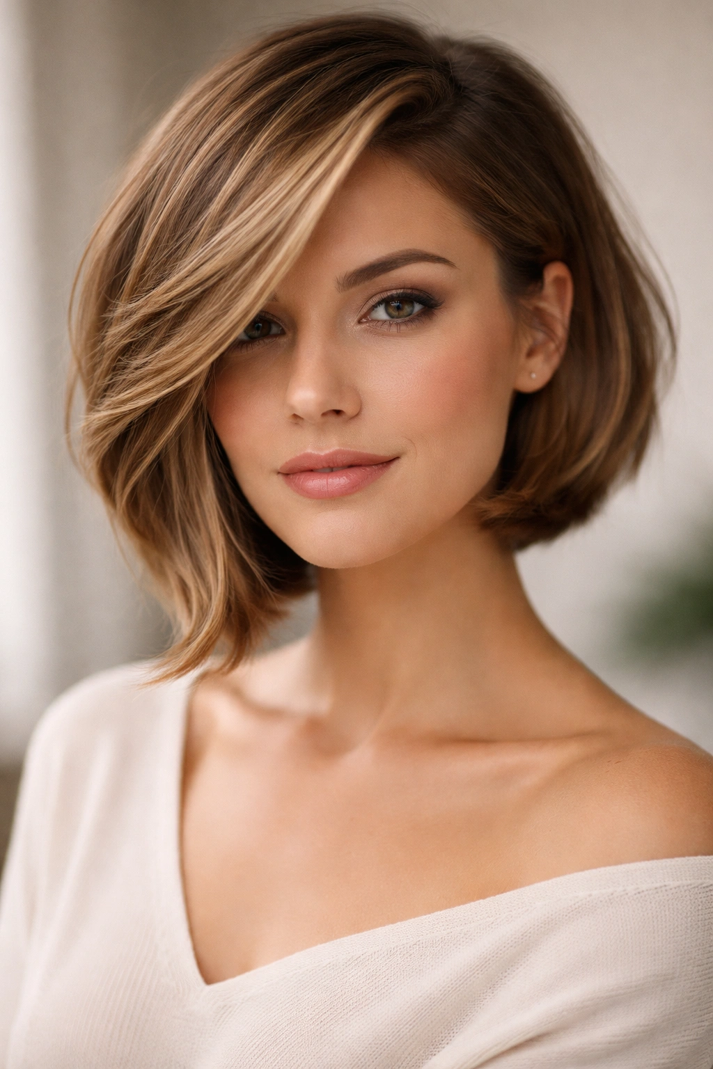 Close-up portrait of a shoulder-length side-swept bob hairstyle against a neutral backdrop