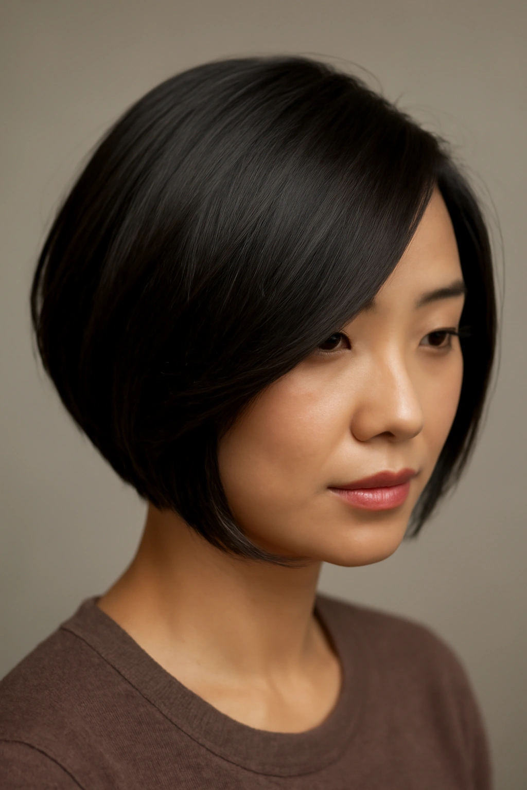 Profile of a deep side-swept bob with hidden layers and subtle movement