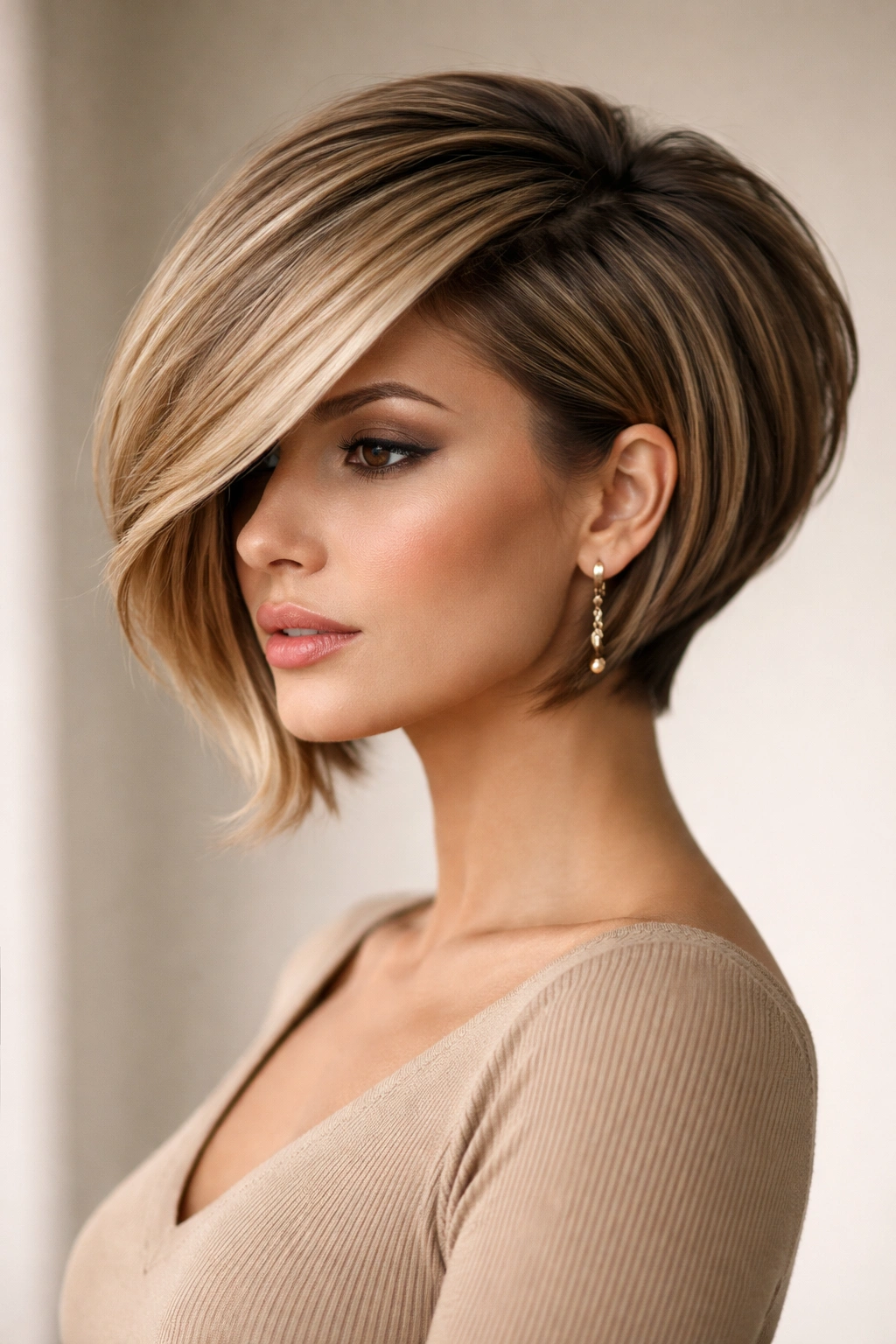 Side-swept stacked bob with a dramatic front sweep and lifted back