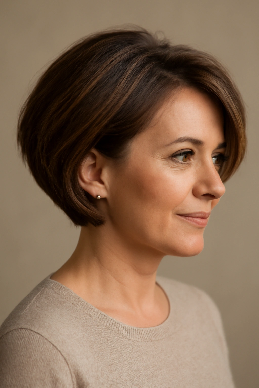Side-swept short bob with volume captured in a three-quarter studio portrait.