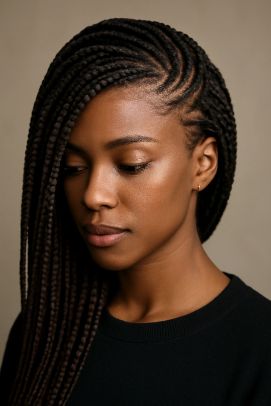 Box braids swept to one side, creating an asymmetrical look