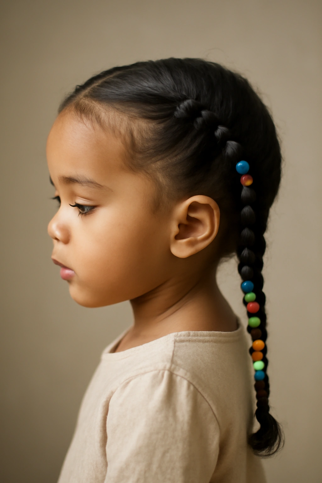 Side-swept beaded braid on a toddler