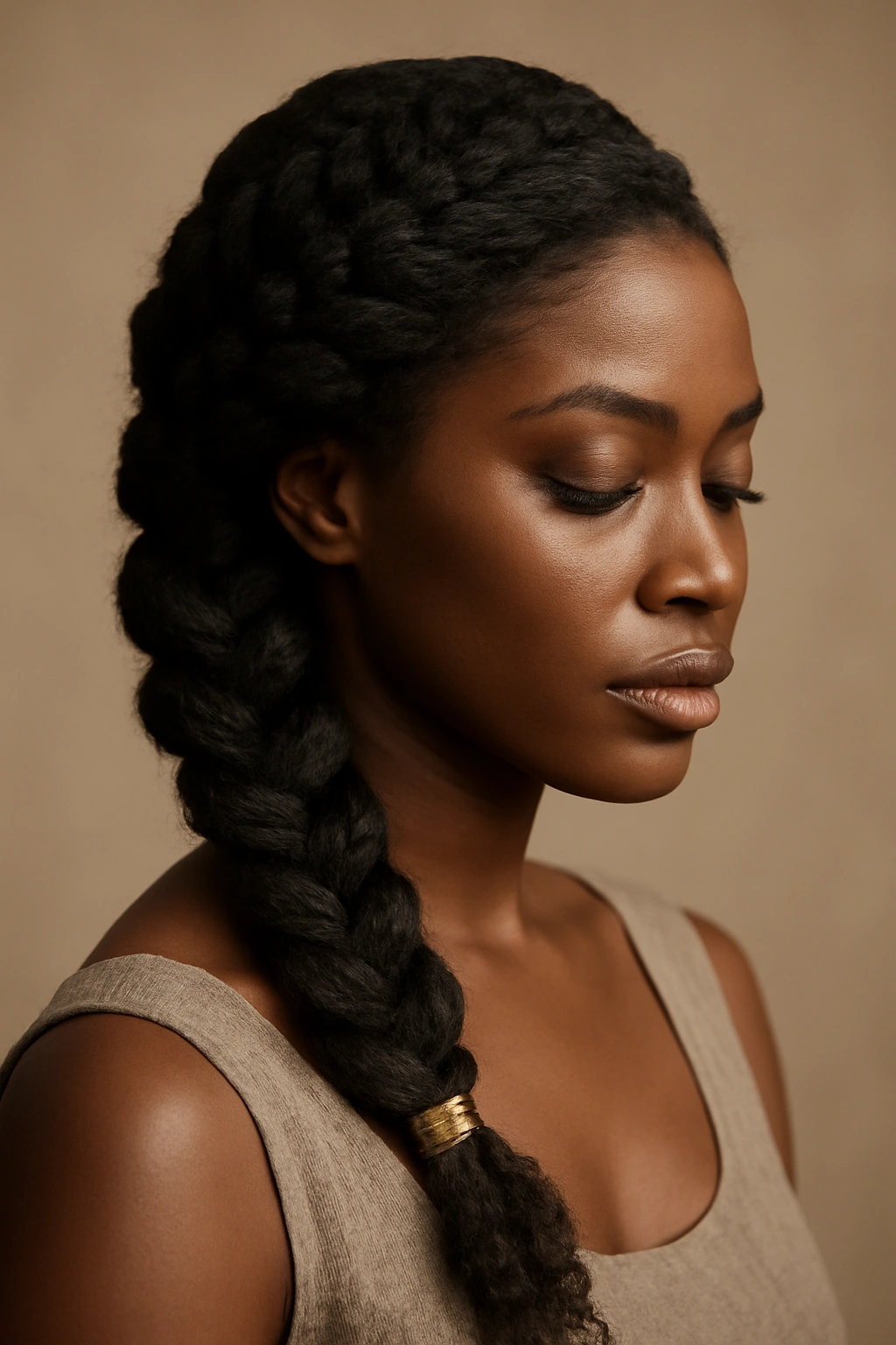 Close-up of a thick side-swept braid on textured Black hair gathered to the side