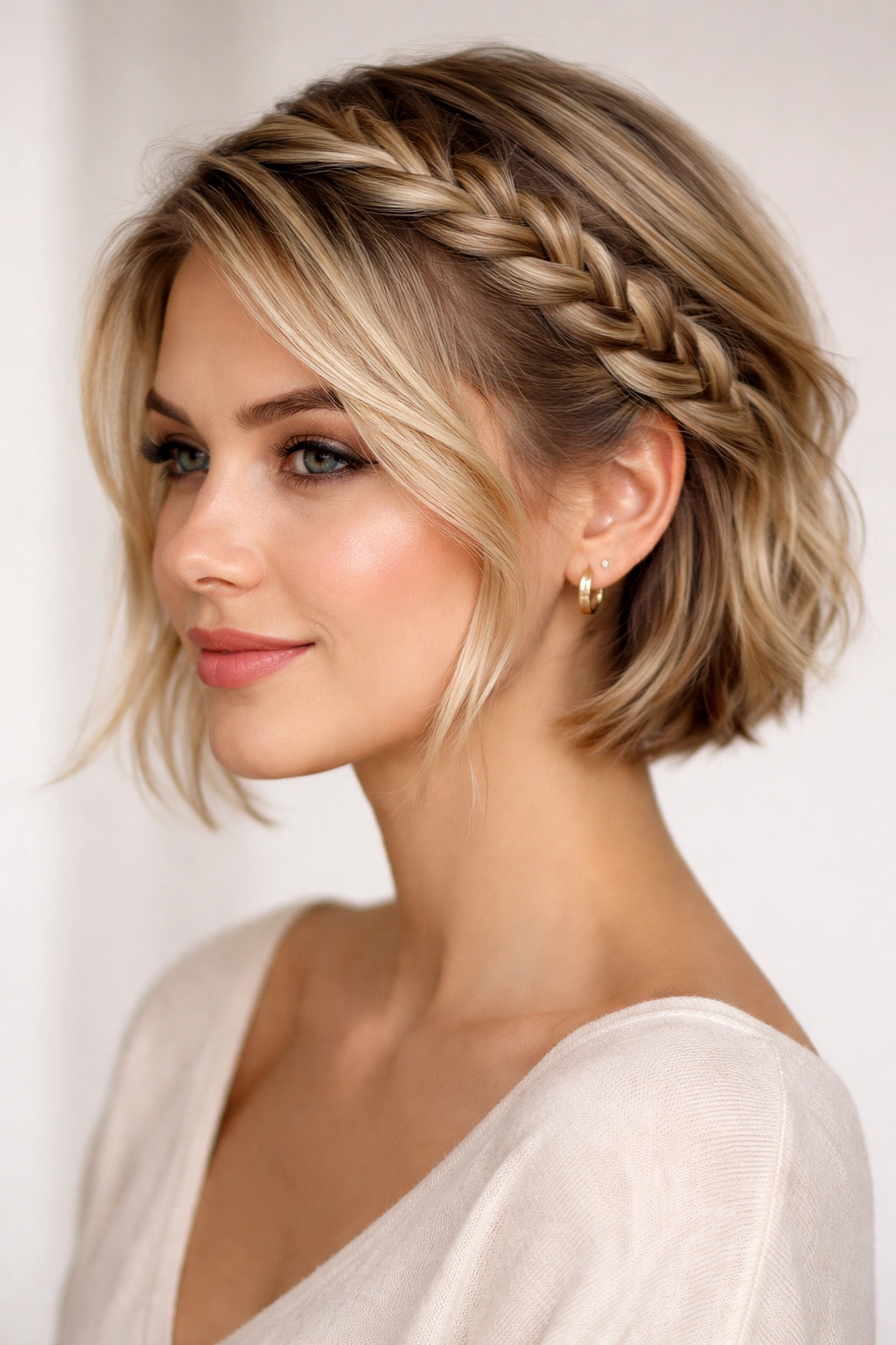 Side-swept braid diagonal across short hair