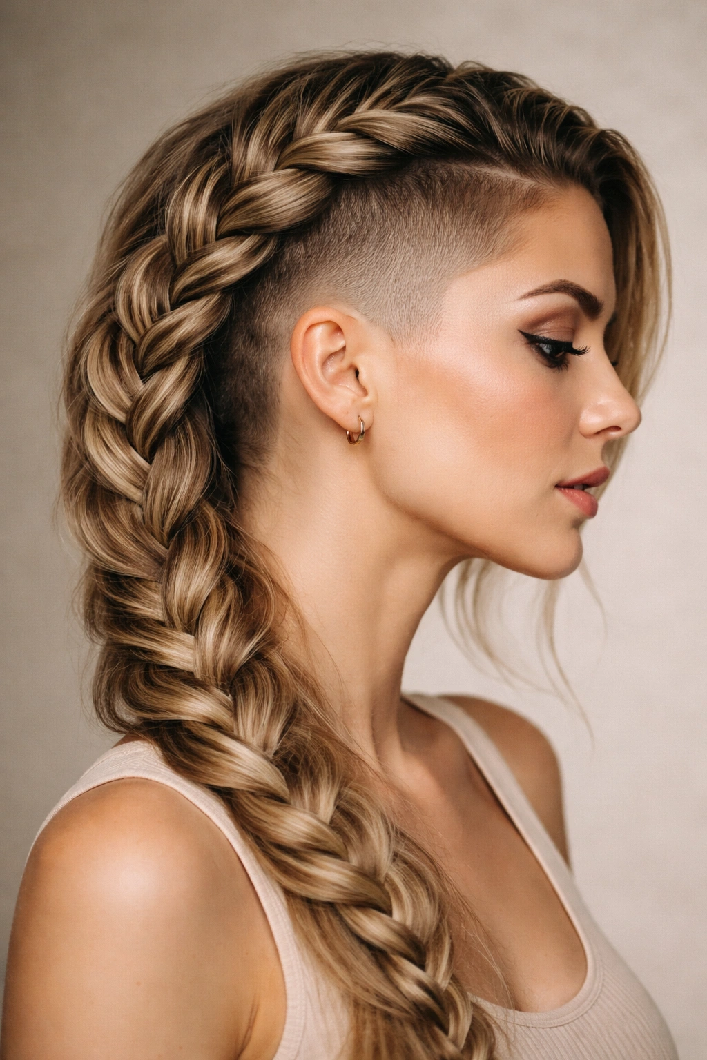 Close-up of a side-swept French braid with an undercut, showing textured braid and fade