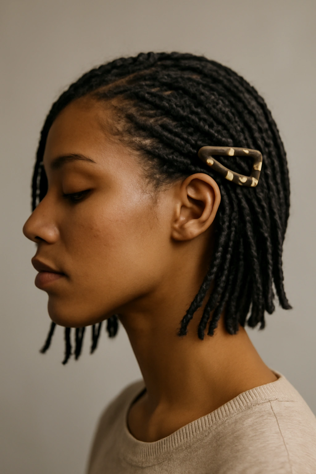 Profile view of side-swept braids secured with a clip near the ear