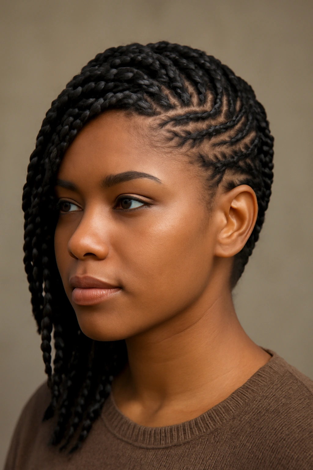 Close-up of side-swept braids forming a diagonal line across the head
