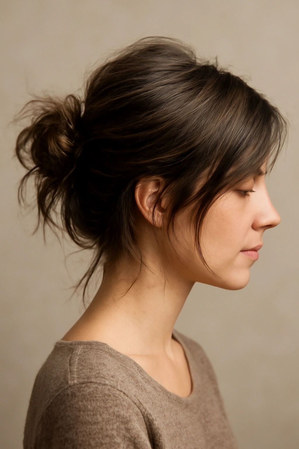 Off-center side-swept bun on short hair with textured roots