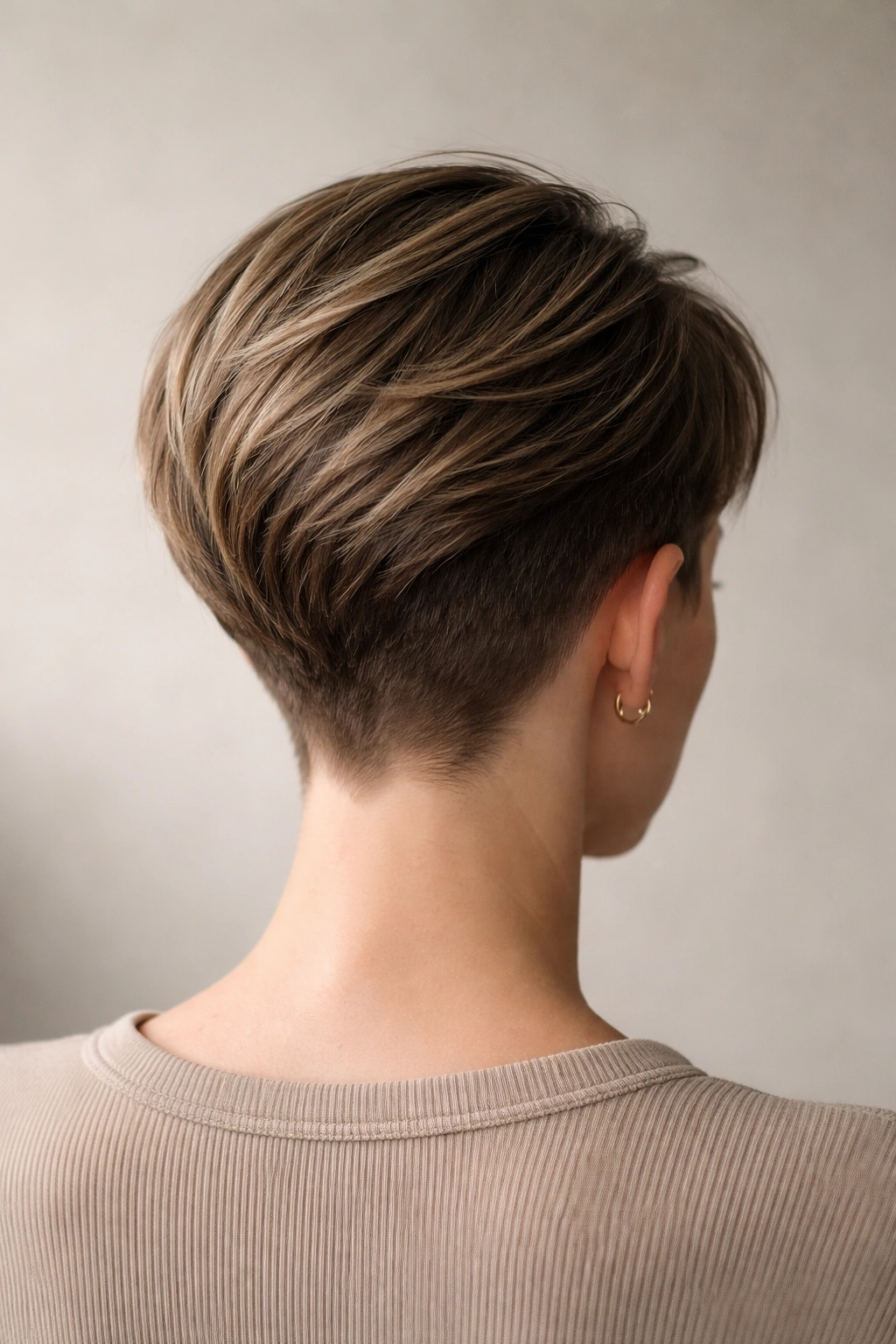 Back view of side-swept crop with asymmetrical length