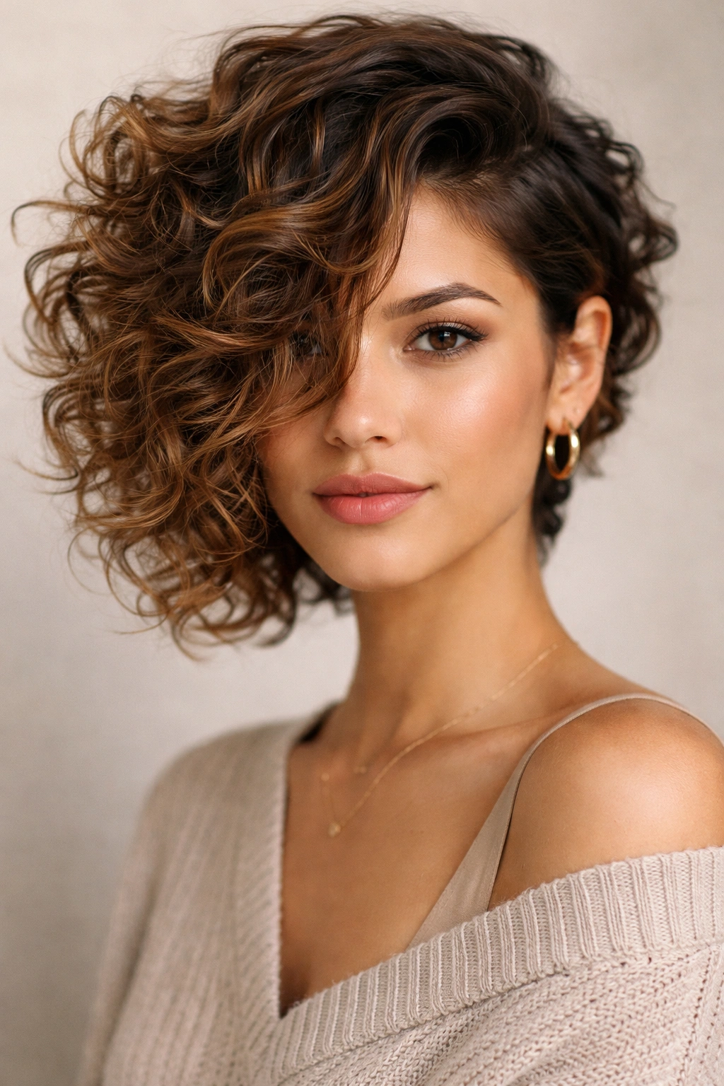 Portrait of asymmetrical side-swept curly hairstyle