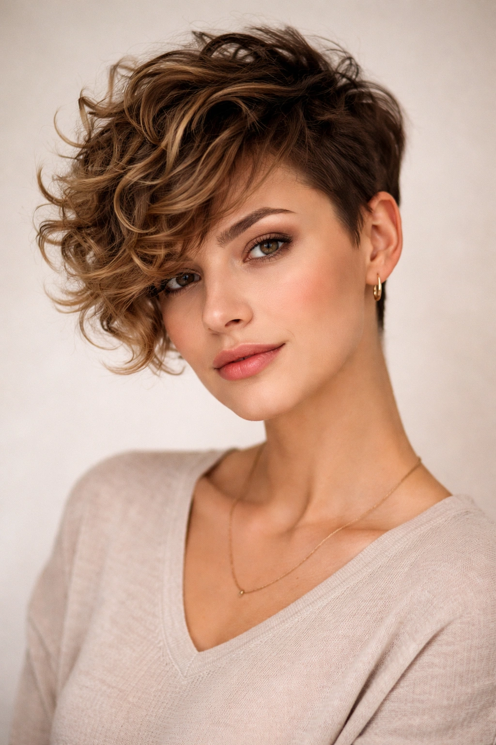 Portrait of The Side-Swept Curly Crop showing asymmetrical longer and shorter sides