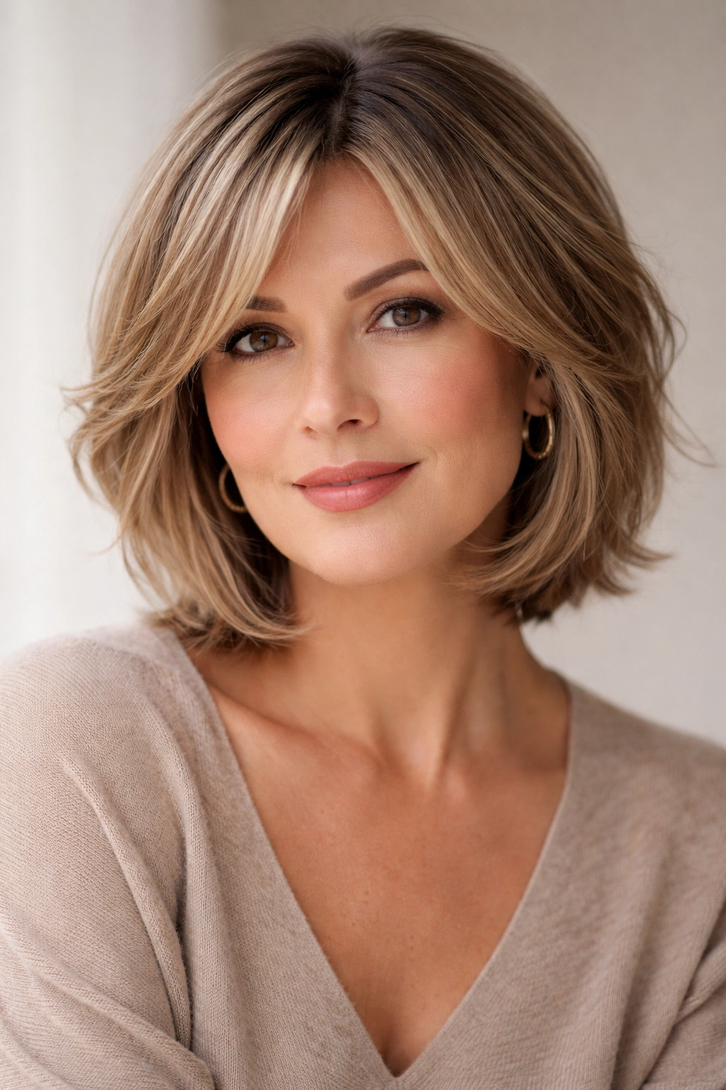 Portrait showing side-swept curtain bangs and layered short cut