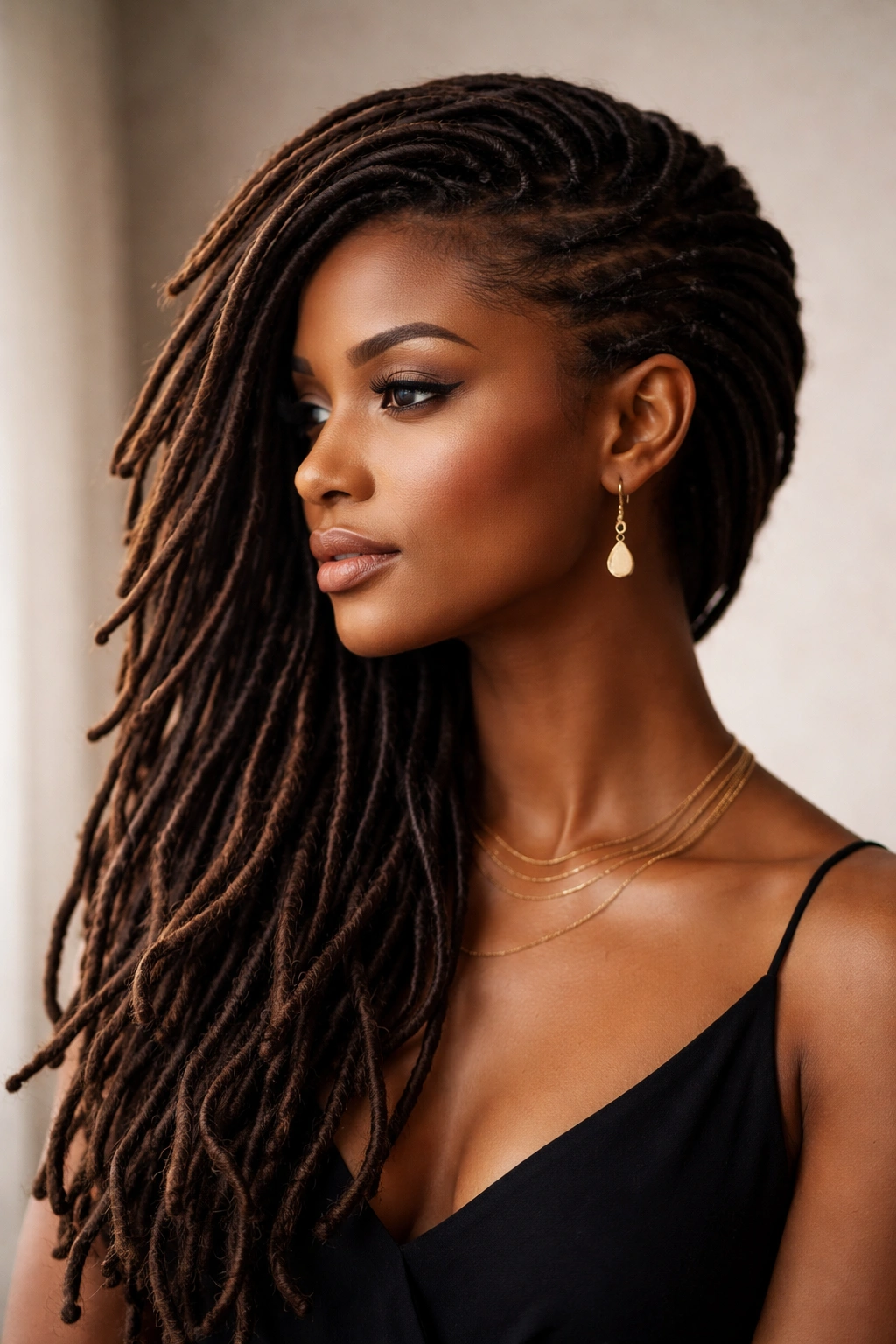 Side-swept dreadlocks gathered to one side with face-framing strands