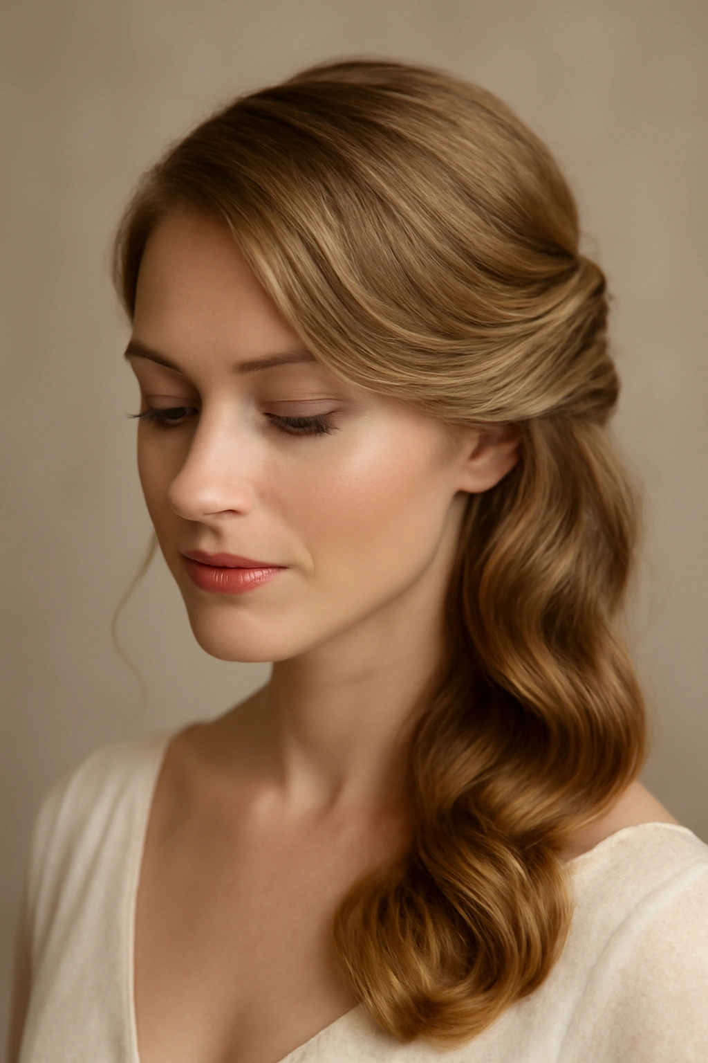 Side-swept bridal hairstyle for fine, wavy hair with volume on the swept side