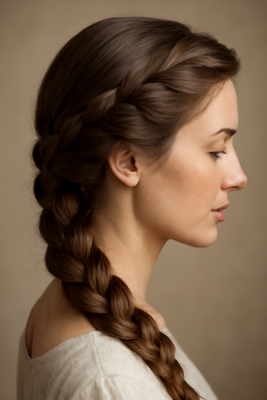 Side-swept French braid diagonally across head.