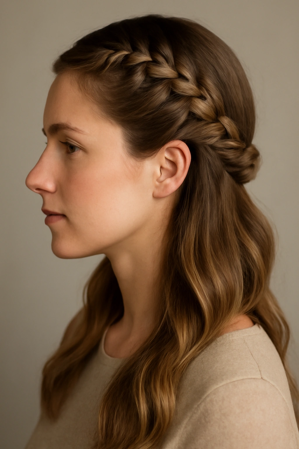 Side-swept French braid with wrap-around knot