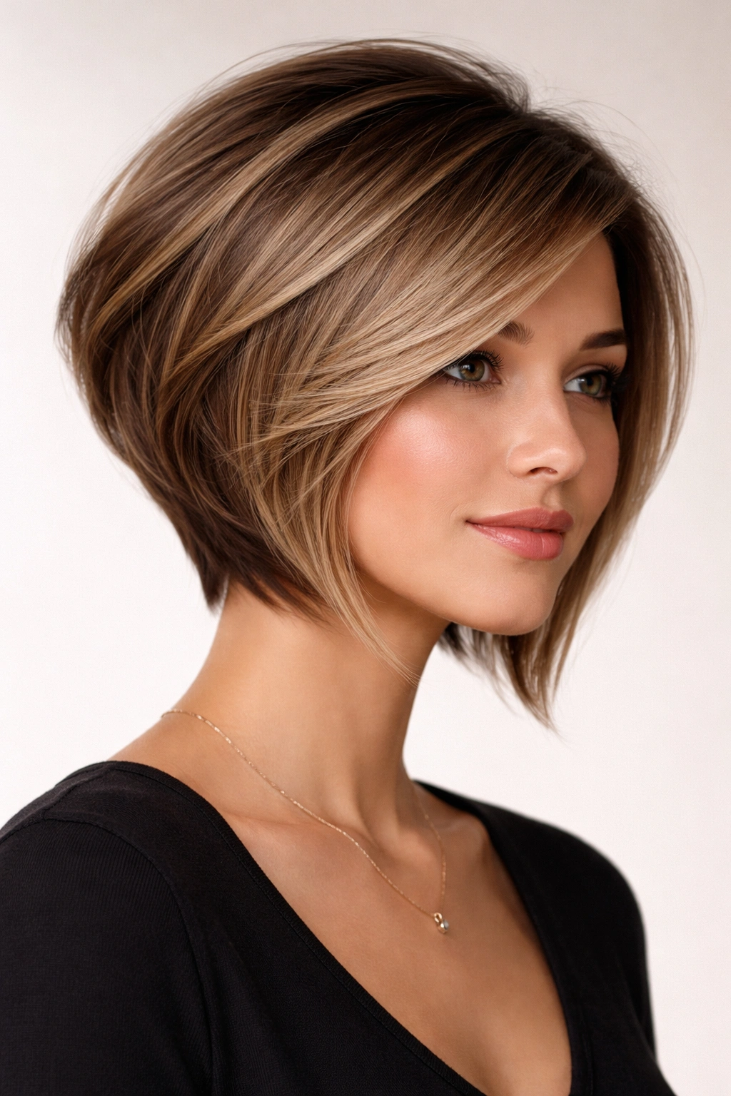 Head-and-shoulders portrait of a side-swept longer inverted bob with crown volume.