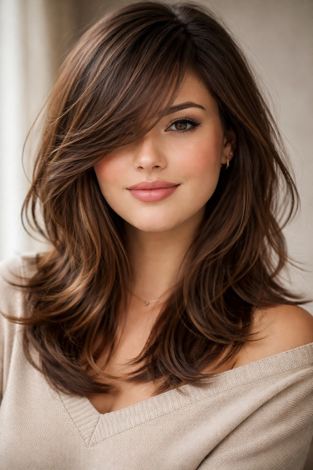 Side-swept layers with diagonal bangs creating asymmetry