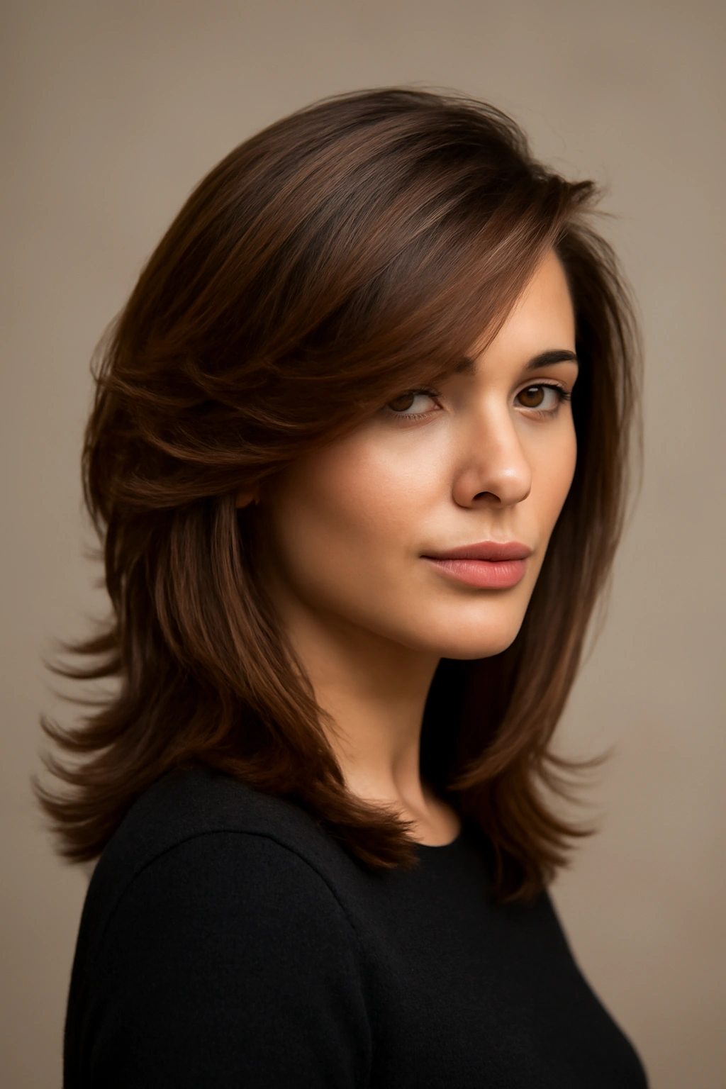 Side-swept layered hairstyle framing the face with dramatic part