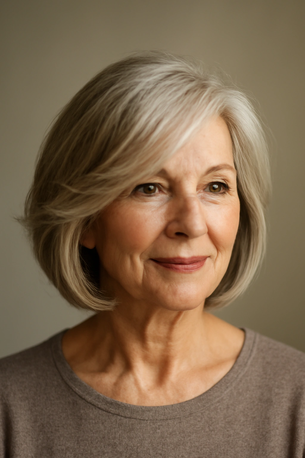 Portrait highlighting side-swept layered hairstyle with diagonal fall