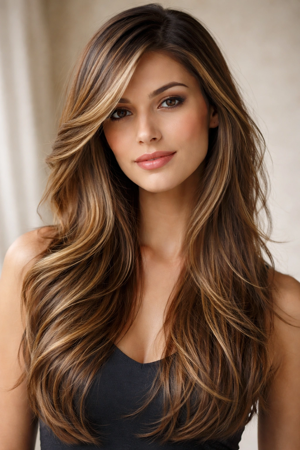 Side-swept layered hairstyle on a model with asymmetrical layers