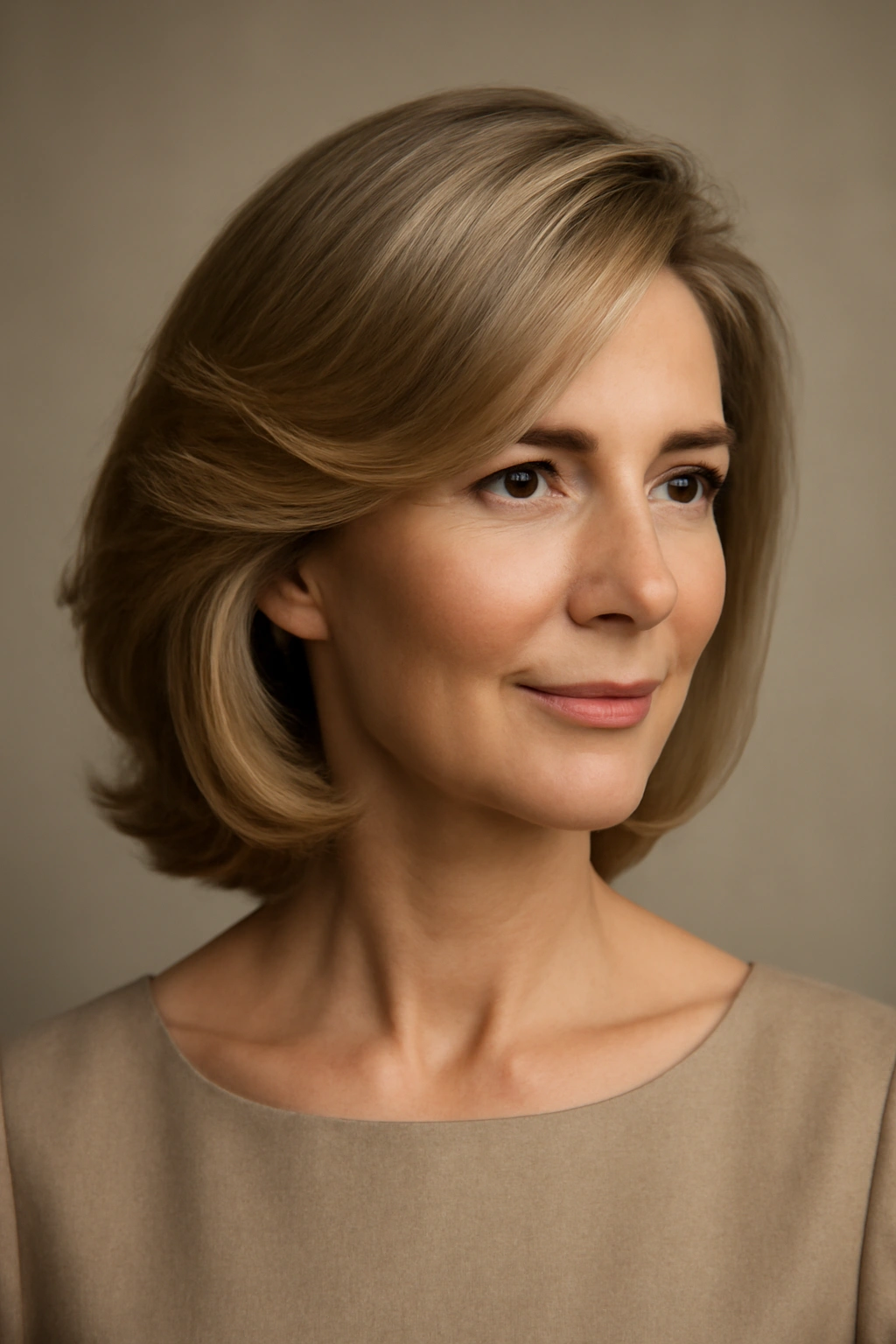 Portrait of a person with a dramatic side-swept length hairstyle