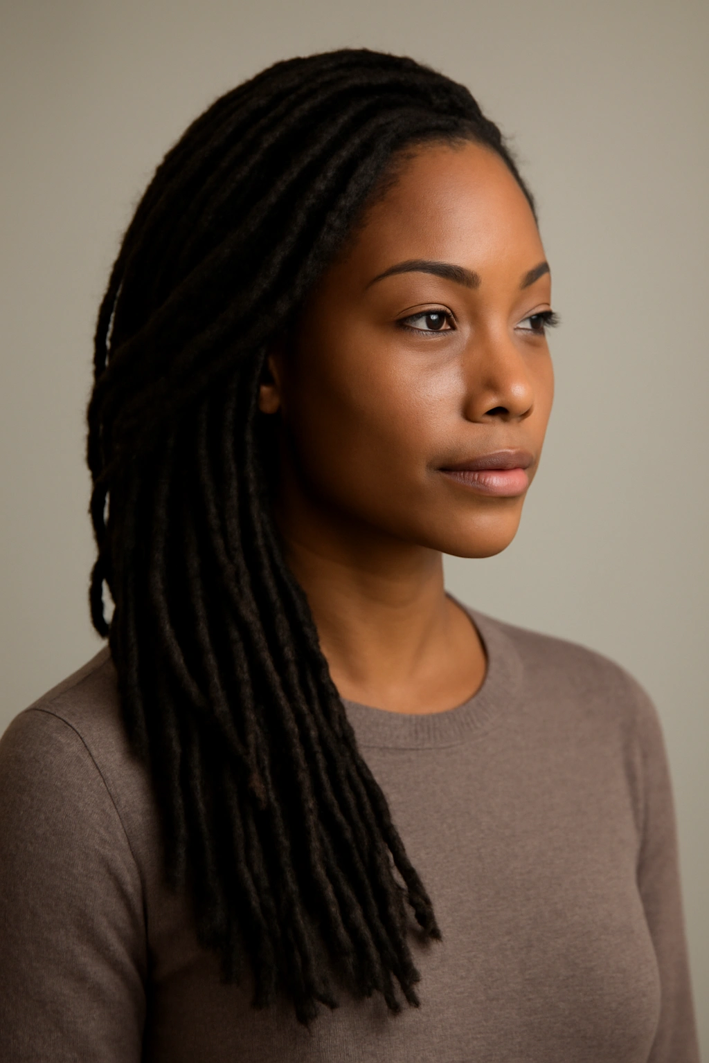 Locs swept to one side forming an elegant side silhouette in studio lighting