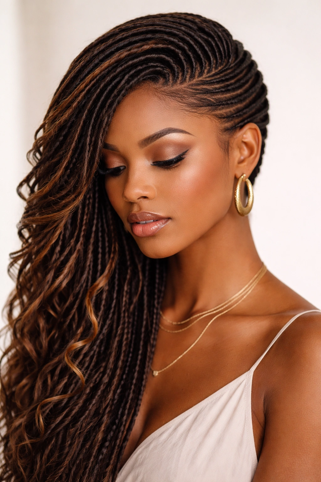 Locs swept to one side and sculpted along the head