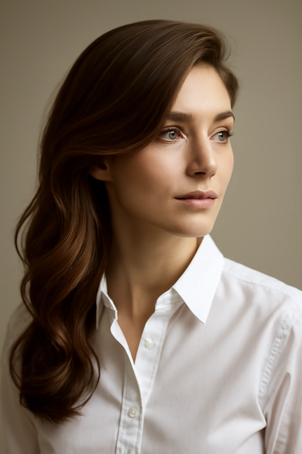 Long hair swept to one side with elegant asymmetrical silhouette.