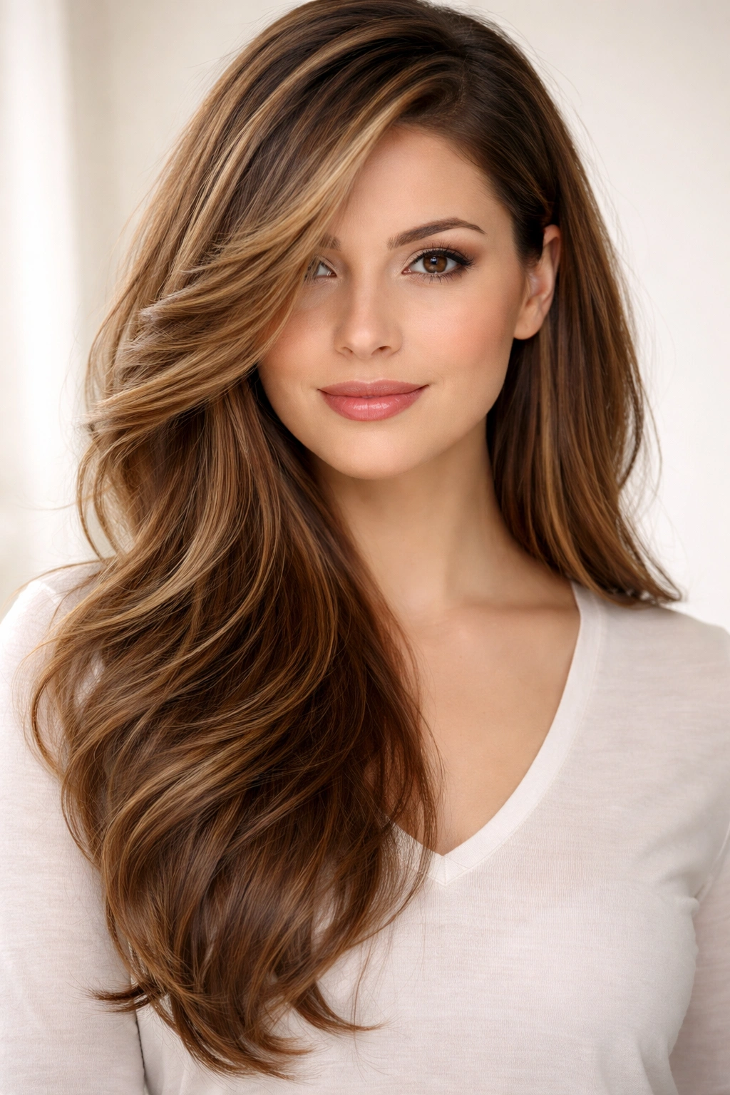 Long layered hair side-swept with a deep side part